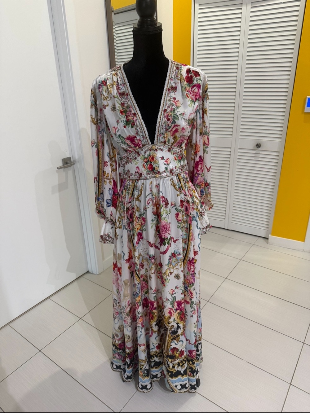 Camilla Floral V-Neck Maxi Dress - White with Pink Floral
